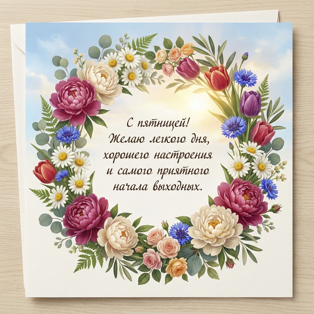 Открытка с венком из пионов, тюльпанов, васильков и ромашек на фоне неба и текстом: "С пятницей! Желаю легкого дня, хорошего настроения и самого приятного начала выходных."