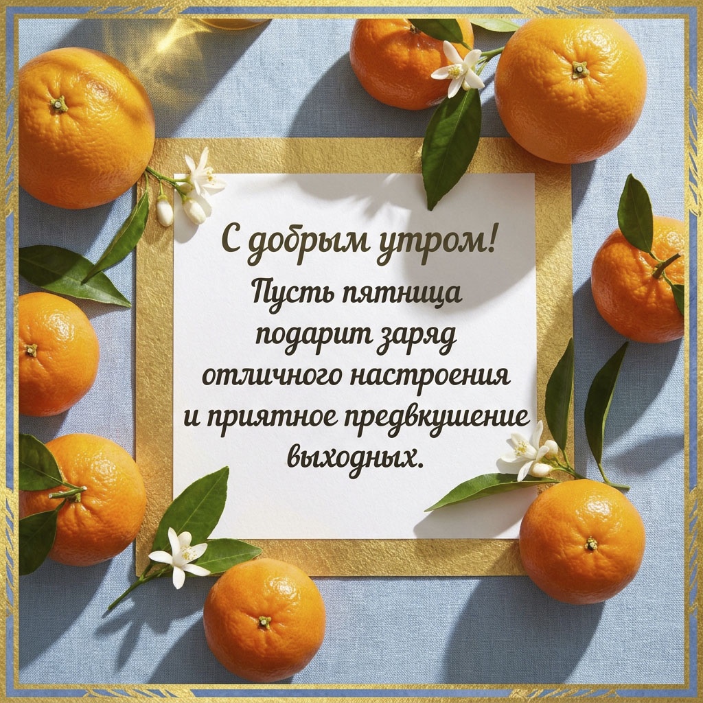 Открытка со спелыми мандаринами, цветами апельсина и золотой рамкой, с текстом: "С добрым утром! Пусть пятница подарит заряд отличного настроения и приятное предвкушение выходных."