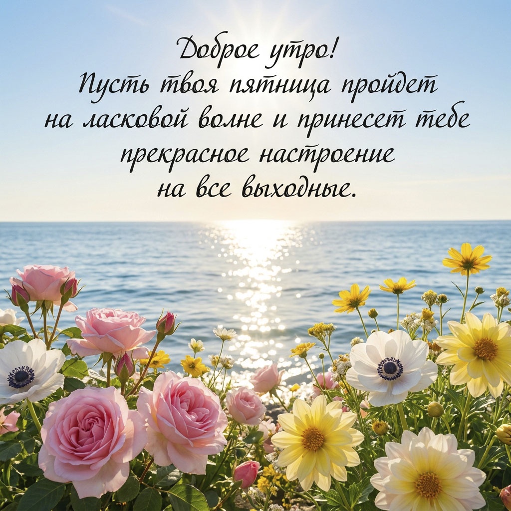 Открытка с розами, анемонами, желтыми цветами у моря и текстом: "Доброе утро! Пусть твоя пятница пройдет на ласковой волне и принесет тебе прекрасное настроение на все выходные."