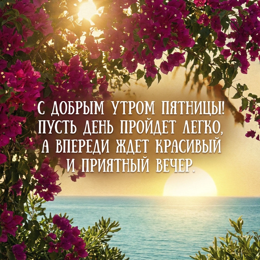 Открытка с цветами бугенвиллеи, закатом на море и текстом: "С добрым утром пятницы! Пусть день пройдет легко, а впереди ждет красивый и приятный вечер."