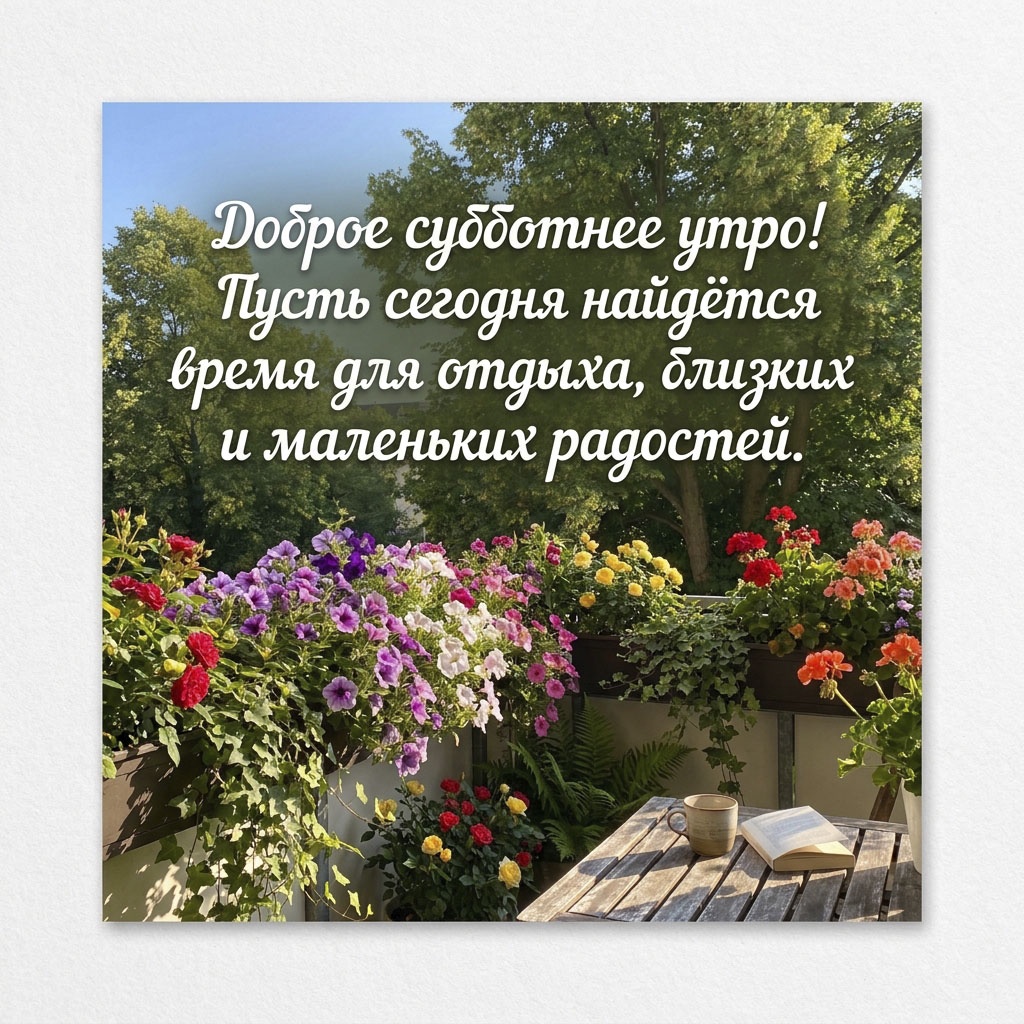 Открытка с балконом в цветах, столиком с чашкой и книгой и текстом: "Доброе субботнее утро! Пусть сегодня найдется время для отдыха, близких и маленьких радостей."