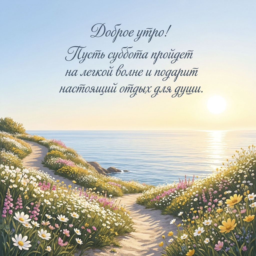 Открытка с тропинкой среди полевых цветов, ведущей к морю на рассвете, и текстом: "Доброе утро! Пусть суббота пройдет на легкой волне и подарит настоящий отдых для души."