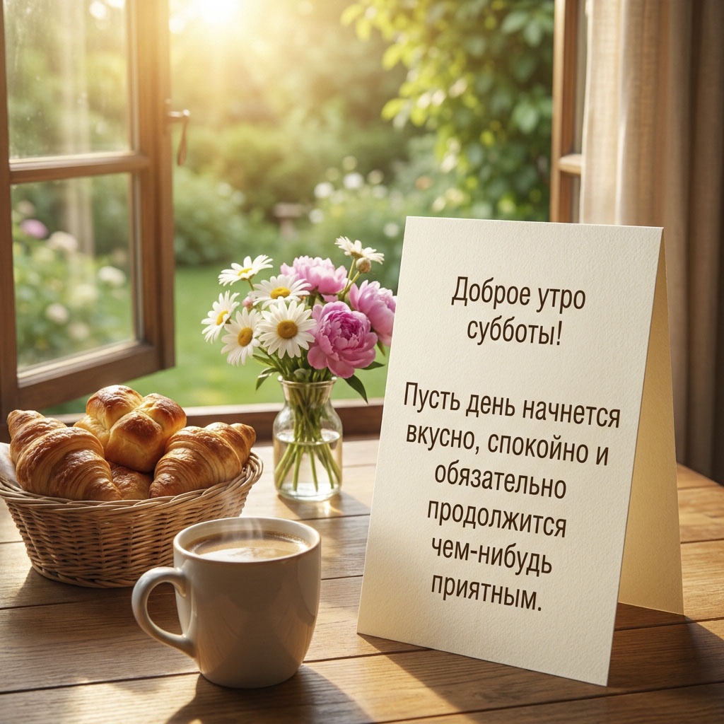 Открытка с круассанами, чашкой кофе и букетом цветов на столе у окна и текстом: "Доброе утро субботы! Пусть день начнется вкусно, спокойно и обязательно продолжится чем-нибудь приятным."