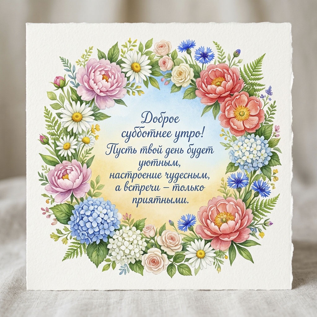 Карандашная открытка с венком из пионов, гортензий, васильков и ромашек на фоне неба и текстом: "Доброе субботнее утро! Пусть твой день будет уютным, настроение чудесным, а встречи - только приятными."