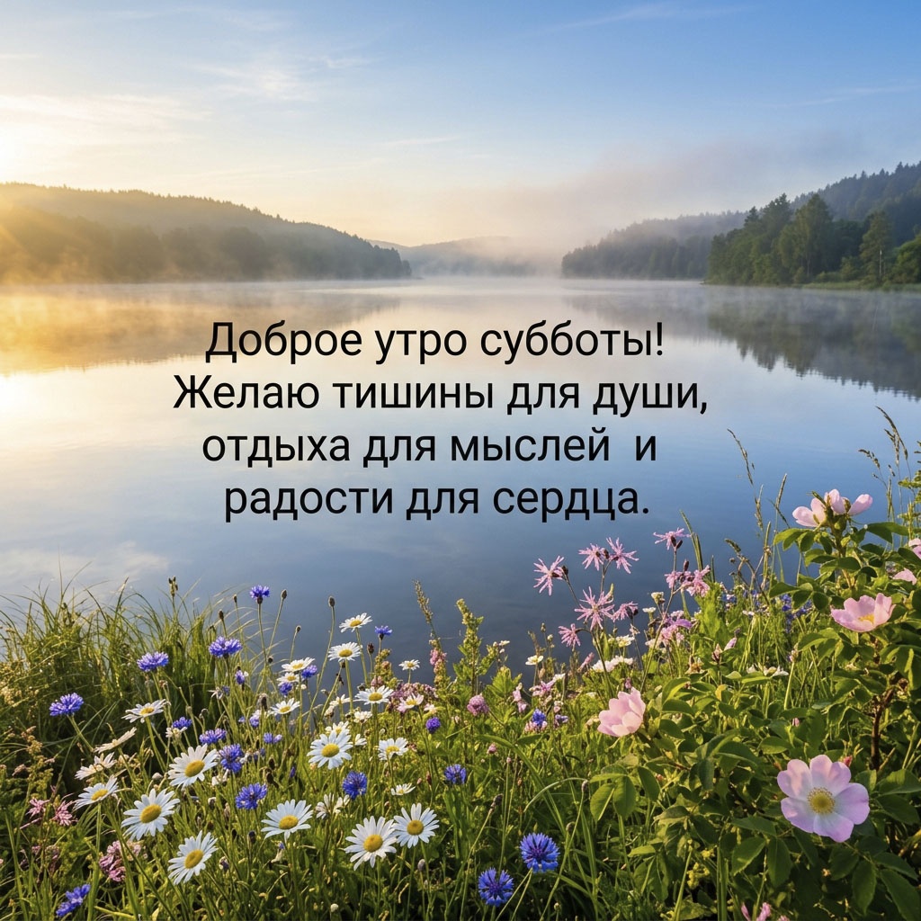 Открытка с лесным озером в утреннем тумане и полевыми цветами на берегу, с текстом: "Доброе утро субботы! Желаю тишины для души, отдыха для мыслей и радости для сердца."