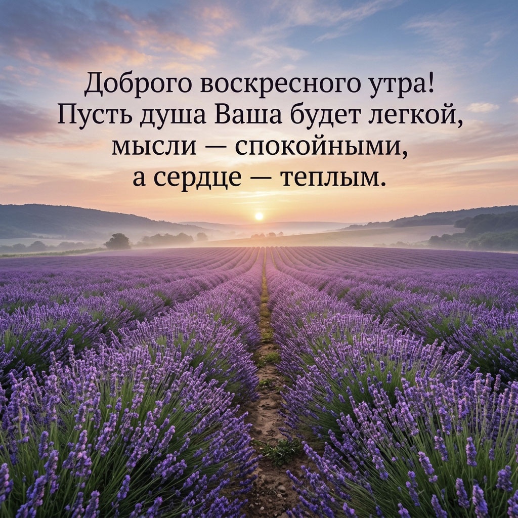 Открытка с рядами лаванды, уходящими к рассвету, и текстом: "Доброго воскресного утра! Пусть душа Ваша будет легкой, мысли - спокойными, а сердце - теплым."
