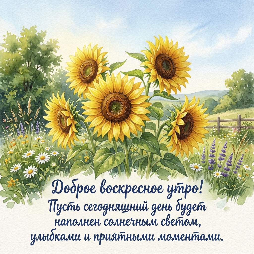 Акварельная открытка с подсолнухами, ромашками и лавандой среди полевых трав, выполненная в мягких тонах, с текстом: "Доброе воскресное утро! Пусть сегодняшний день будет наполнен солнечным светом, улыбками и приятными моментами."