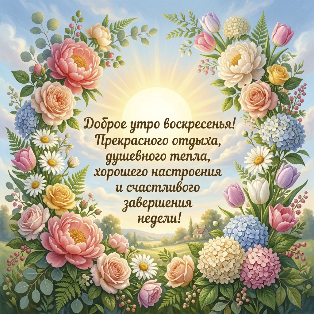 Открытка с рамкой из пионов, роз, гортензий и тюльпанов вокруг солнца и текстом: "Доброе утро воскресенья! Прекрасного отдыха, душевного тепла, хорошего настроения и счастливого завершения недели!"