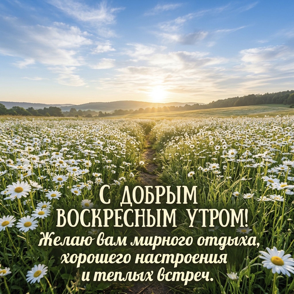 Открытка с утренним ромашковым полем и текстом: "С добрым воскресным утром! Желаю вам мирного отдыха, хорошего настроения и теплых встреч."