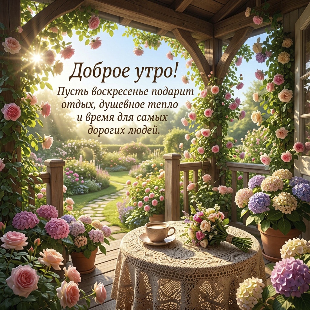 Открытка с увитой розами террасой, столиком с кружевной скатертью и текстом: "Доброе утро! Пусть воскресенье подарит отдых, душевное тепло и время для самых дорогих людей."