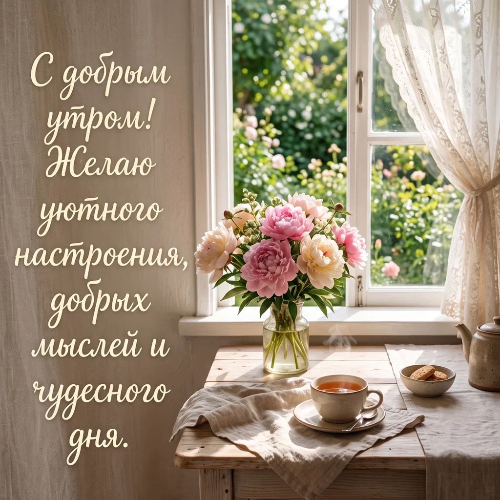 Открытка с букетом розовых пионов на подоконнике, чашкой чая и текстом: "С добрым утром! Желаю уютного настроения, добрых мыслей и чудесного дня."