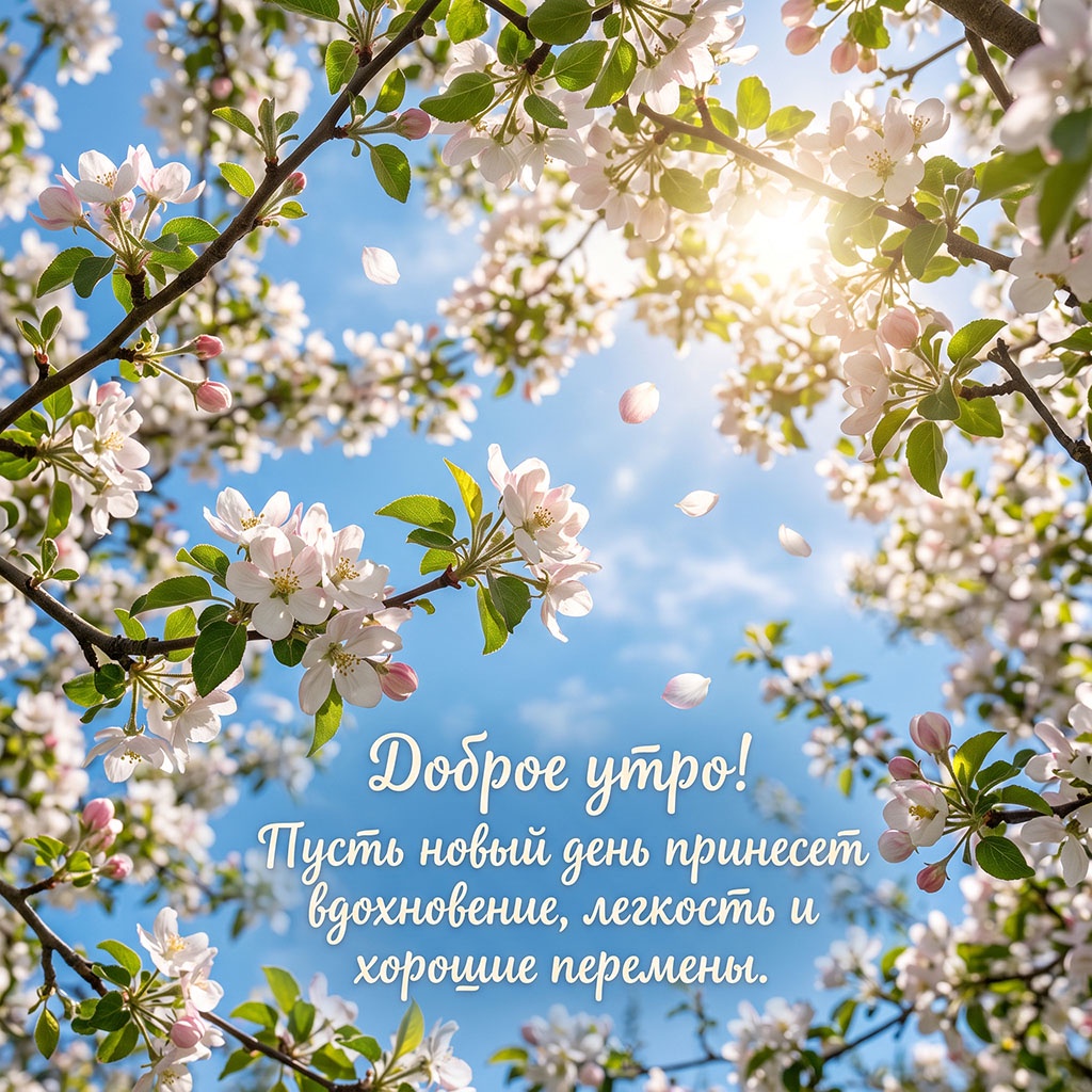 Открытка с белыми цветами яблони на фоне голубого неба, летящими лепестками, с текстом: "Доброе утро! Пусть новый день принесет вдохновение, легкость и хорошие перемены."