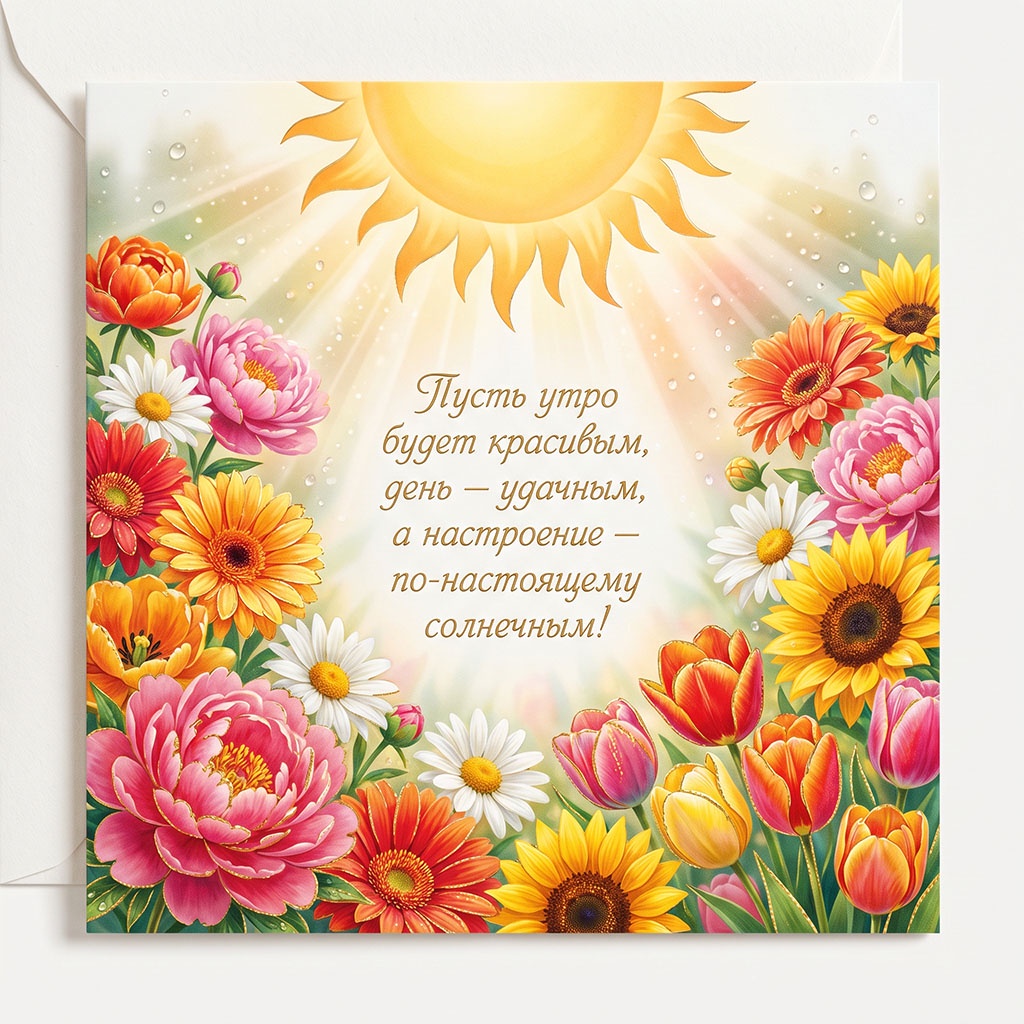 Открытка с пионами, герберами, подсолнухами и тюльпанами под лучами солнца и текстом: "Пусть утро будет красивым, день - удачным, а настроение - по-настоящему солнечным!"