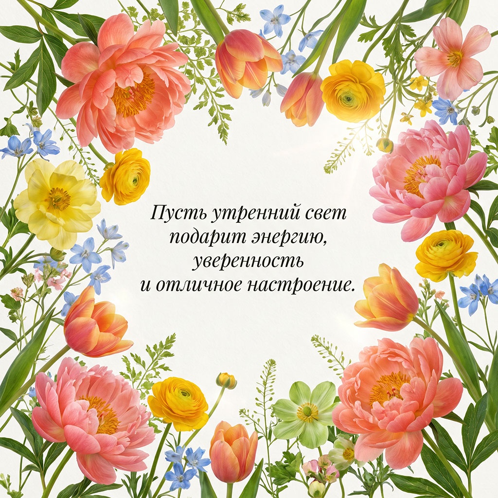 Открытка с венком из розовых пионов, желтых лютиков, тюльпанов и голубых цветов на светлом фоне и текстом: "Пусть утренний свет подарит энергию, уверенность и отличное настроение."