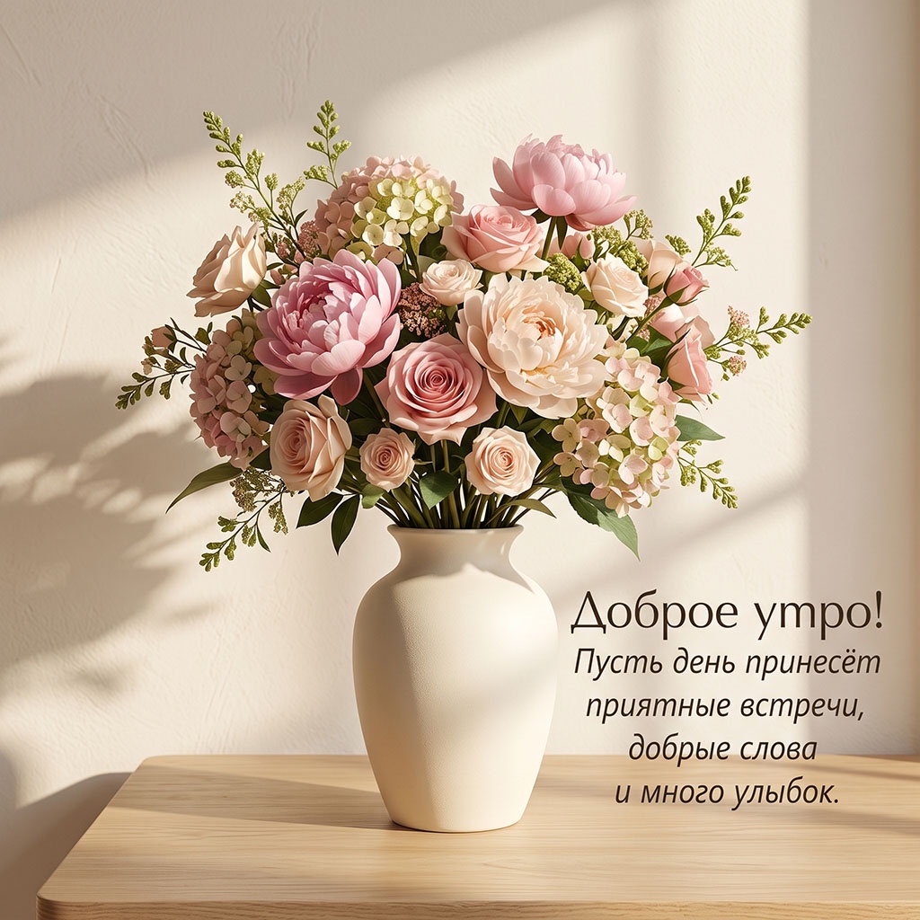 Открытка с букетом пионов, роз и гортензий в белой вазе на деревянном столе и текстом: "Доброе утро! Пусть день принесет приятные встречи, добрые слова и много улыбок."