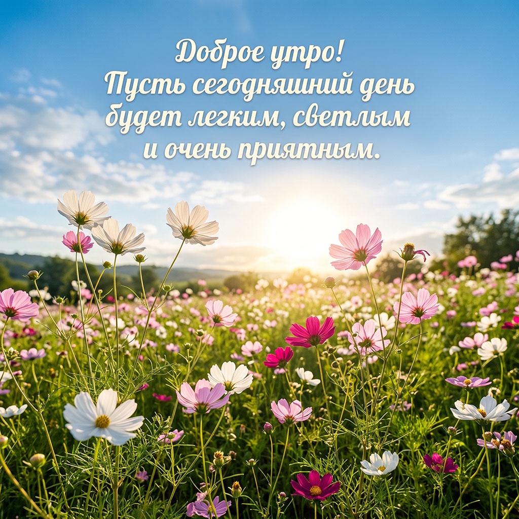 Открытка с белыми и розовыми цветами космеи на рассвете и текстом: "Доброе утро! Пусть сегодняшний день будет легким, светлым и очень приятным."