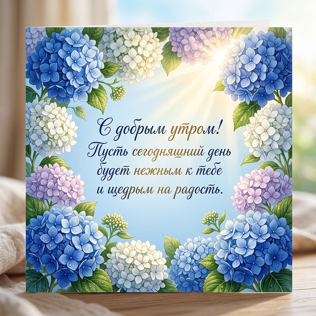 Открытка с голубыми, белыми и сиреневыми гортензиями в лучах утреннего солнца и текстом: "С добрым утром! Пусть сегодняшний день будет нежным к тебе и щедрым на радость."