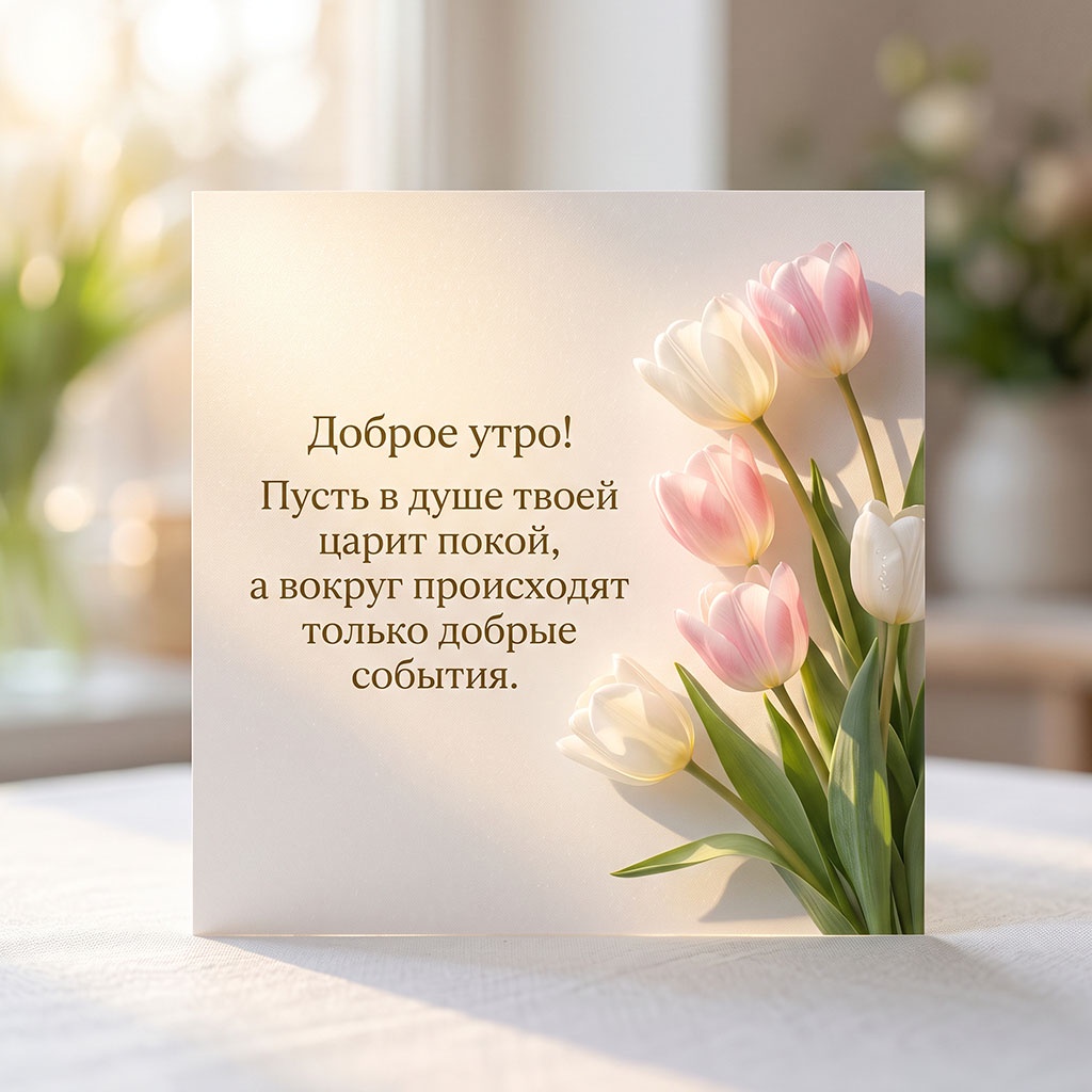 Открытка с розовыми и белыми тюльпанами на светлом фоне и текстом: "Доброе утро! Пусть в душе твоей царит покой, а вокруг происходят только добрые события."