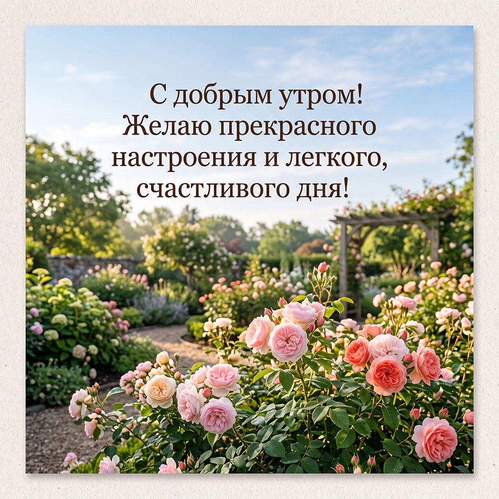 Открытка с кустами розовых роз в саду и текстом: "С добрым утром! Желаю прекрасного настроения и легкого, счастливого дня!"