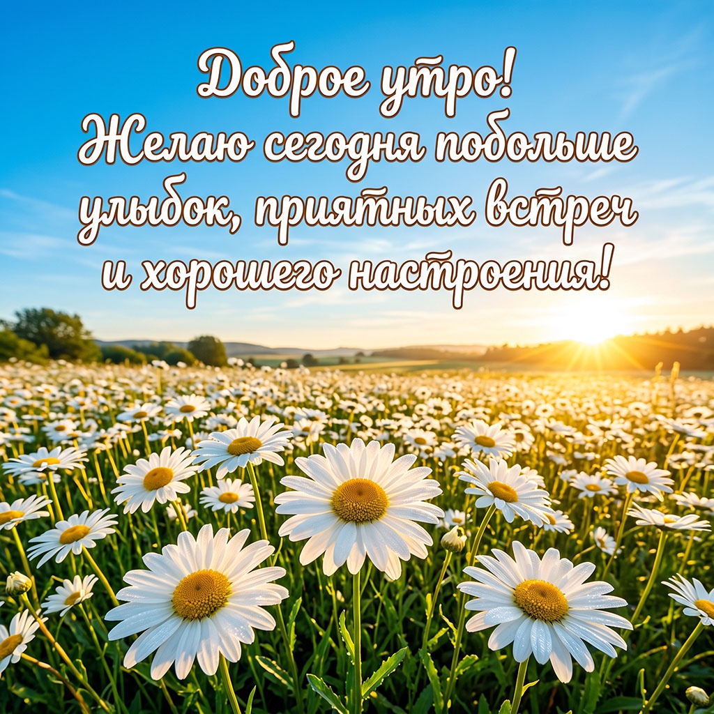 Открытка с ромашками в поле на фоне рассвета и текстом: "Доброе утро! Желаю сегодня побольше улыбок, приятных встреч и хорошего настроения!"