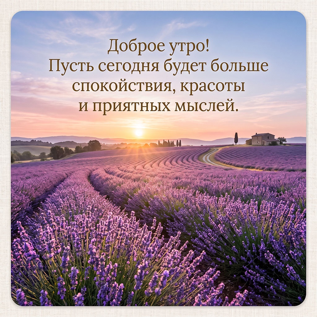 Открытка с полем лаванды, извилистой дорогой и домиком в лучах рассвета, с текстом: "Доброе утро! Пусть сегодня будет больше спокойствия, красоты и приятных мыслей."