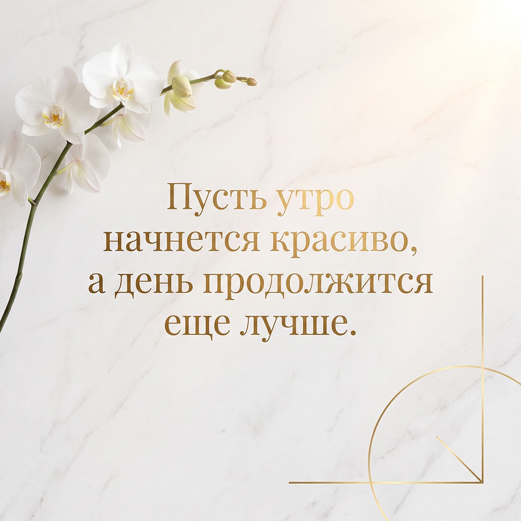Открытка с веткой белой орхидеи и золотыми геометрическими линиями на светлом фоне и текстом: "Пусть утро начнется красиво, а день продолжится еще лучше."