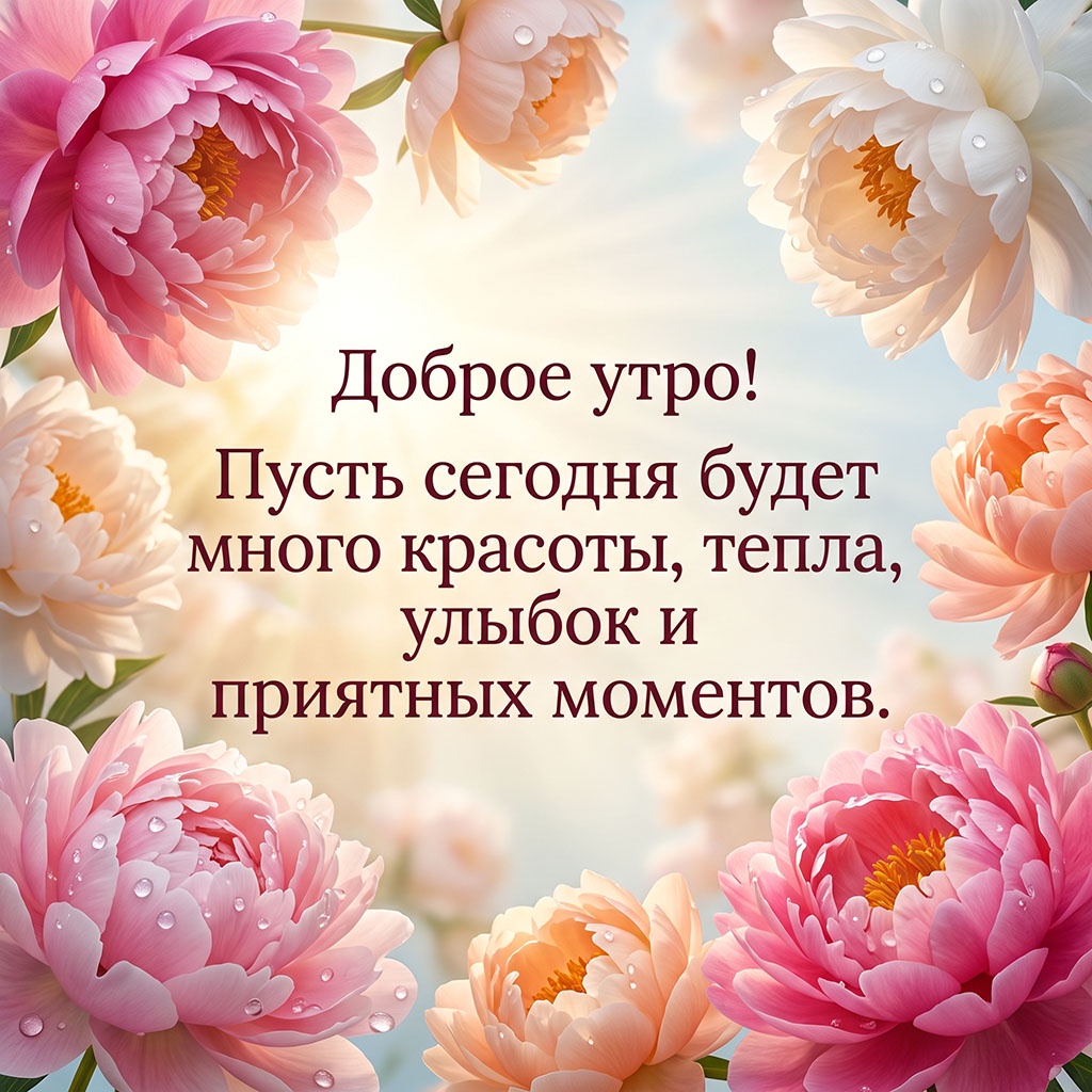 Открытка с розовыми, персиковыми и белыми пионами в каплях росы и текстом "Доброе утро! Пусть сегодня будет много красоты, тепла, улыбок и приятных моментов."