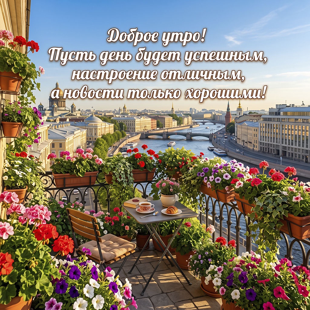 Открытка с балконом в цветах, столиком с кофе, видом на городскую набережную и текстом: "Доброе утро! Пусть день будет успешным, настроение отличным, а новости только хорошими!"