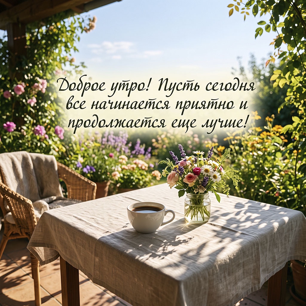 Открытка с чашкой кофе, маленьким букетом в стеклянной банке на столе с льняной скатертью и текстом: "Доброе утро! Пусть сегодня все начинается приятно и продолжается еще лучше!"