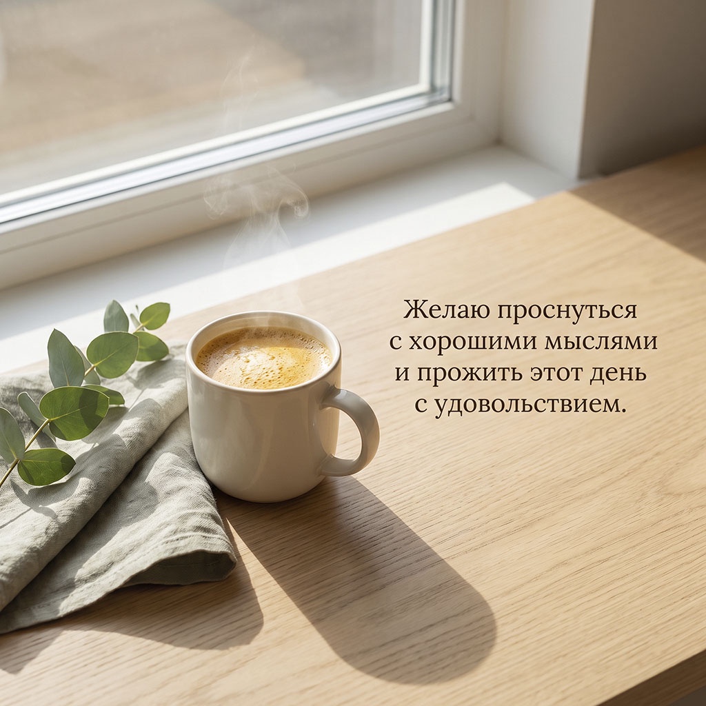 Открытка с чашкой кофе, веточкой эвкалипта на льняной салфетке и текстом: "Желаю проснуться с хорошими мыслями и прожить этот день с удовольствием."