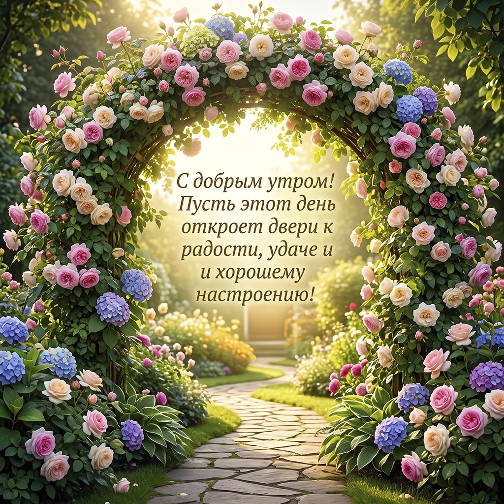 Открытка со сводом из роз и гортензий, каменной тропинкой и текстом: "С добрым утром! Пусть этот день откроет двери к радости, удаче и хорошему настроению!"