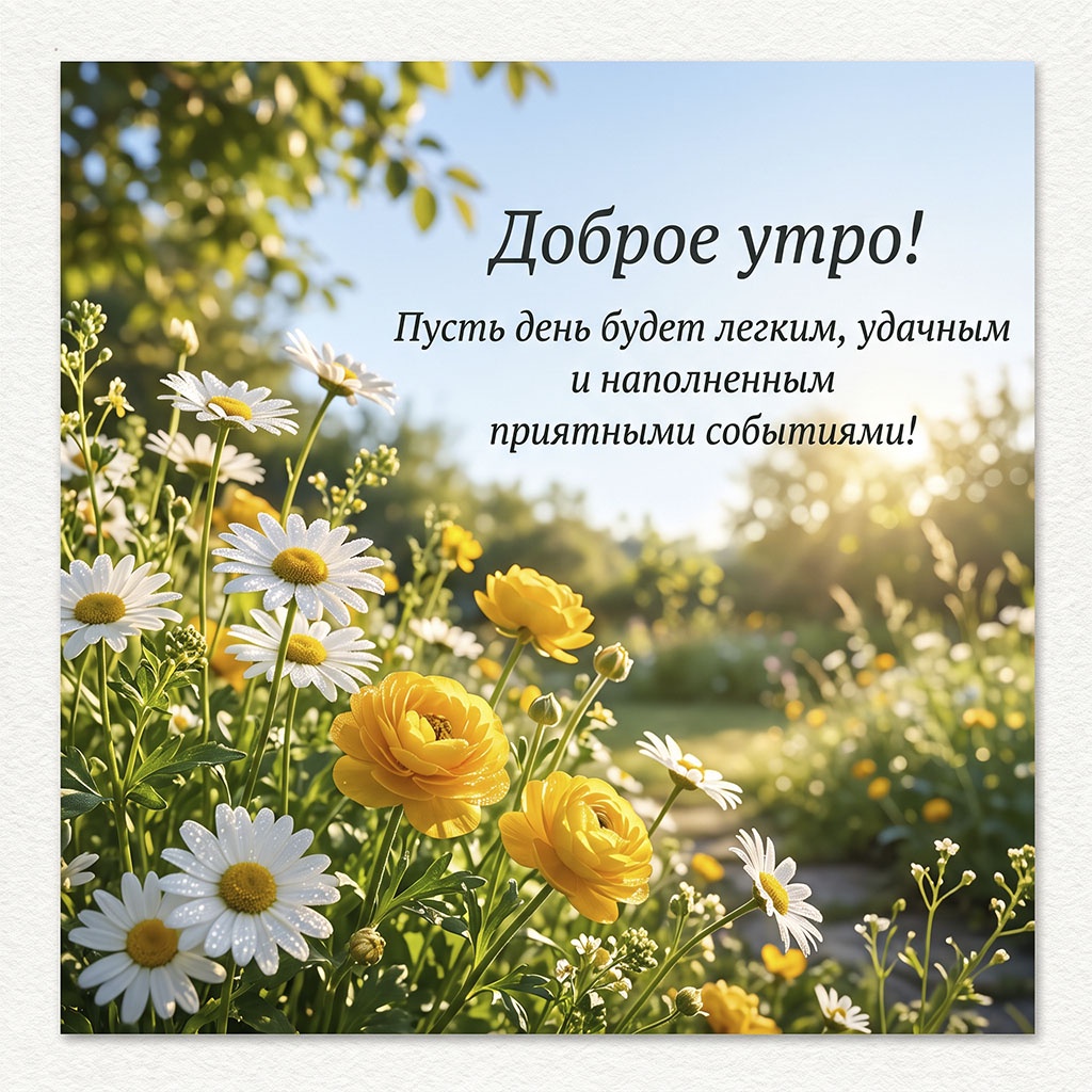 Открытка с белыми ромашками и желтыми лютиками в лучах утреннего солнца и текстом: "Доброе утро! Пусть день будет легким, удачным и наполненным приятными событиями!"