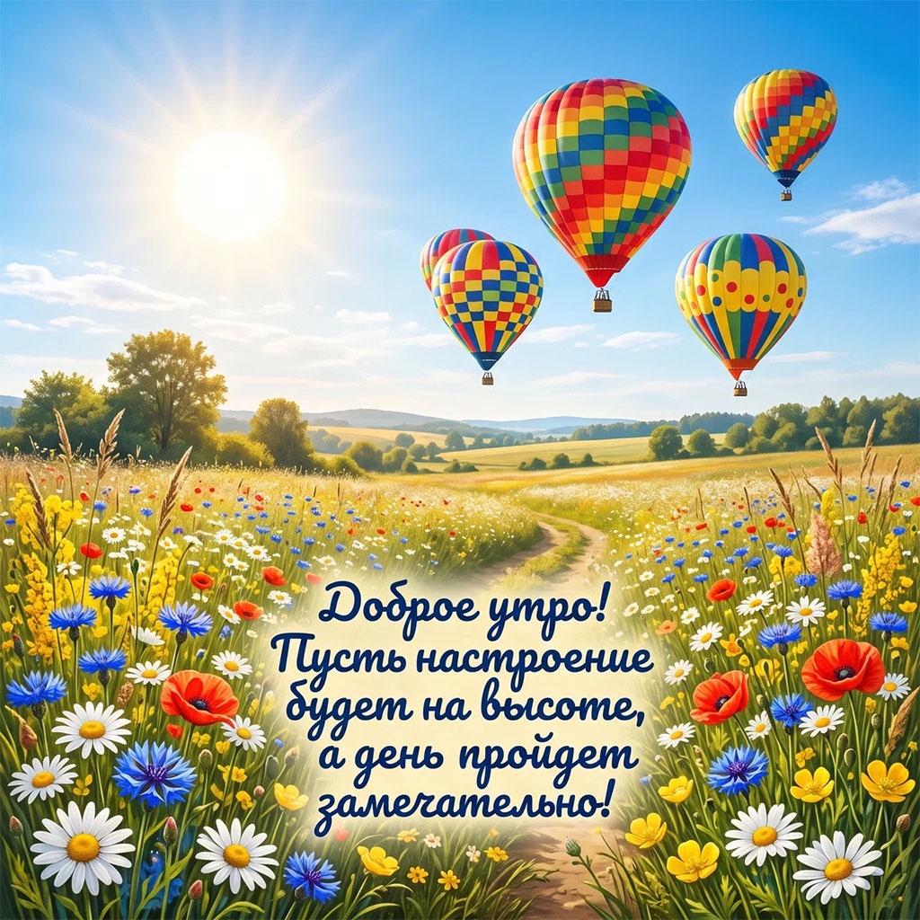 Открытка с воздушными шарами над залитым солнцем лугом и текстом: "Доброе утро! Пусть настроение будет на высоте, а день пройдет замечательно!"