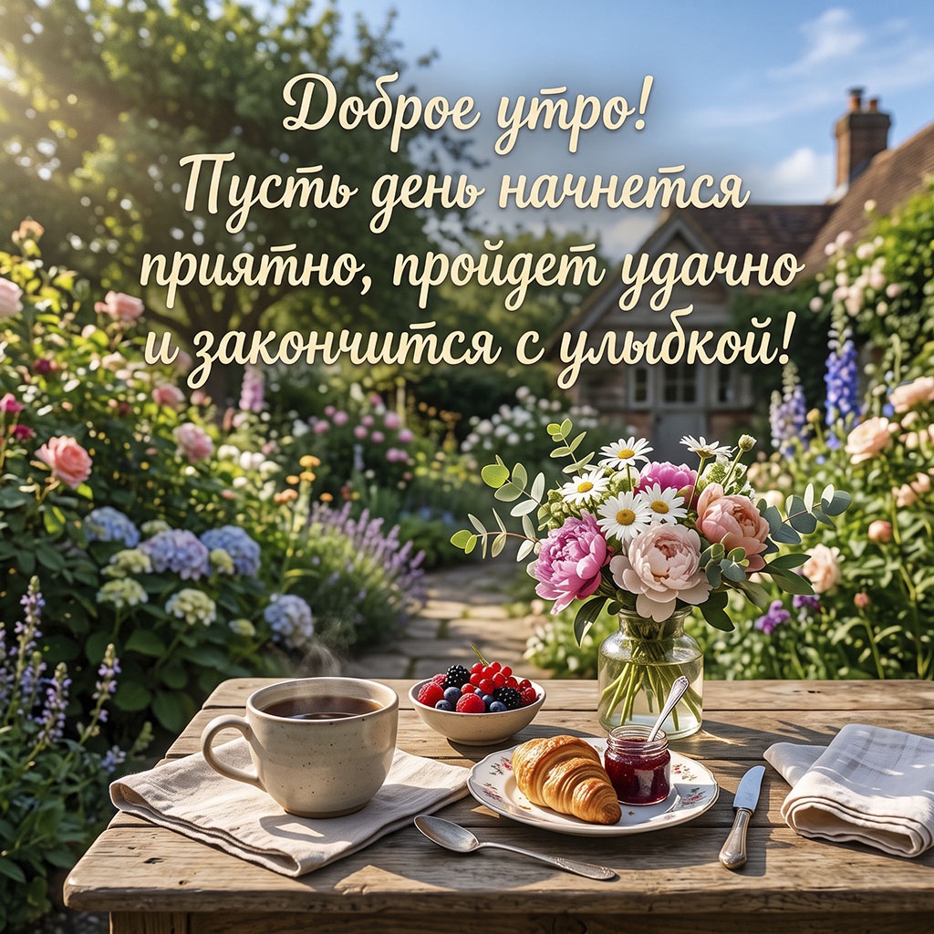 Открытка с завтраком с круассаном и ягодами возле загородного дома и текстом: "Доброе утро! Пусть день начнется приятно, пройдет удачно и закончится с улыбкой!"