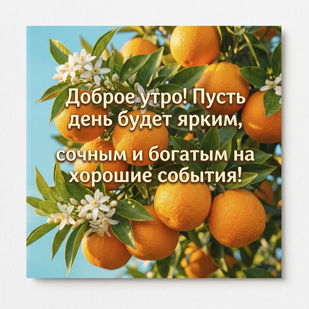 Открытка с веткой апельсинового дерева с плодами и белыми цветами на голубом фоне и текстом: "Доброе утро! Пусть день будет ярким, сочным и богатым на хорошие события!"