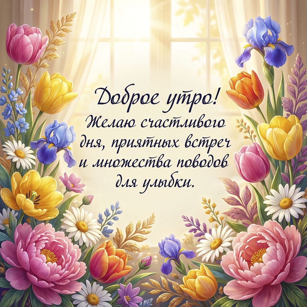 Открытка с тюльпанами, пионами, ирисами и ромашками на фоне светлого окна и текстом: "Доброе утро! Желаю счастливого дня, приятных встреч и множества поводов для улыбки."
