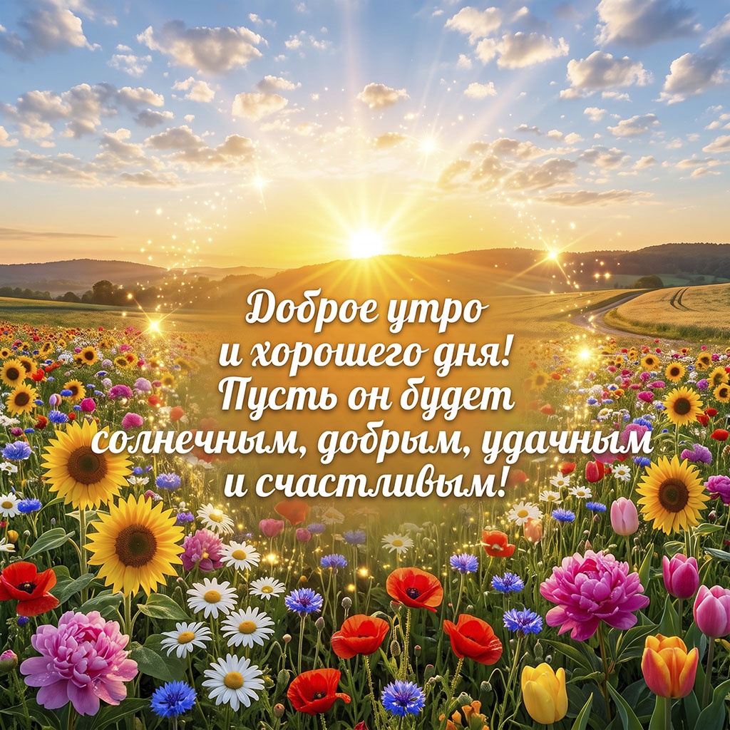Открытка с цветущим полем и солнцем в золотистом круге и текстом: "Доброе утро и хорошего дня! Пусть он будет солнечным, добрым, удачным и счастливым!"