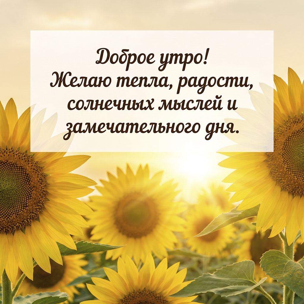 Открытка с крупными подсолнухами в утреннем свете и текстом: "Доброе утро! Желаю тепла, радости, солнечных мыслей и замечательного дня."