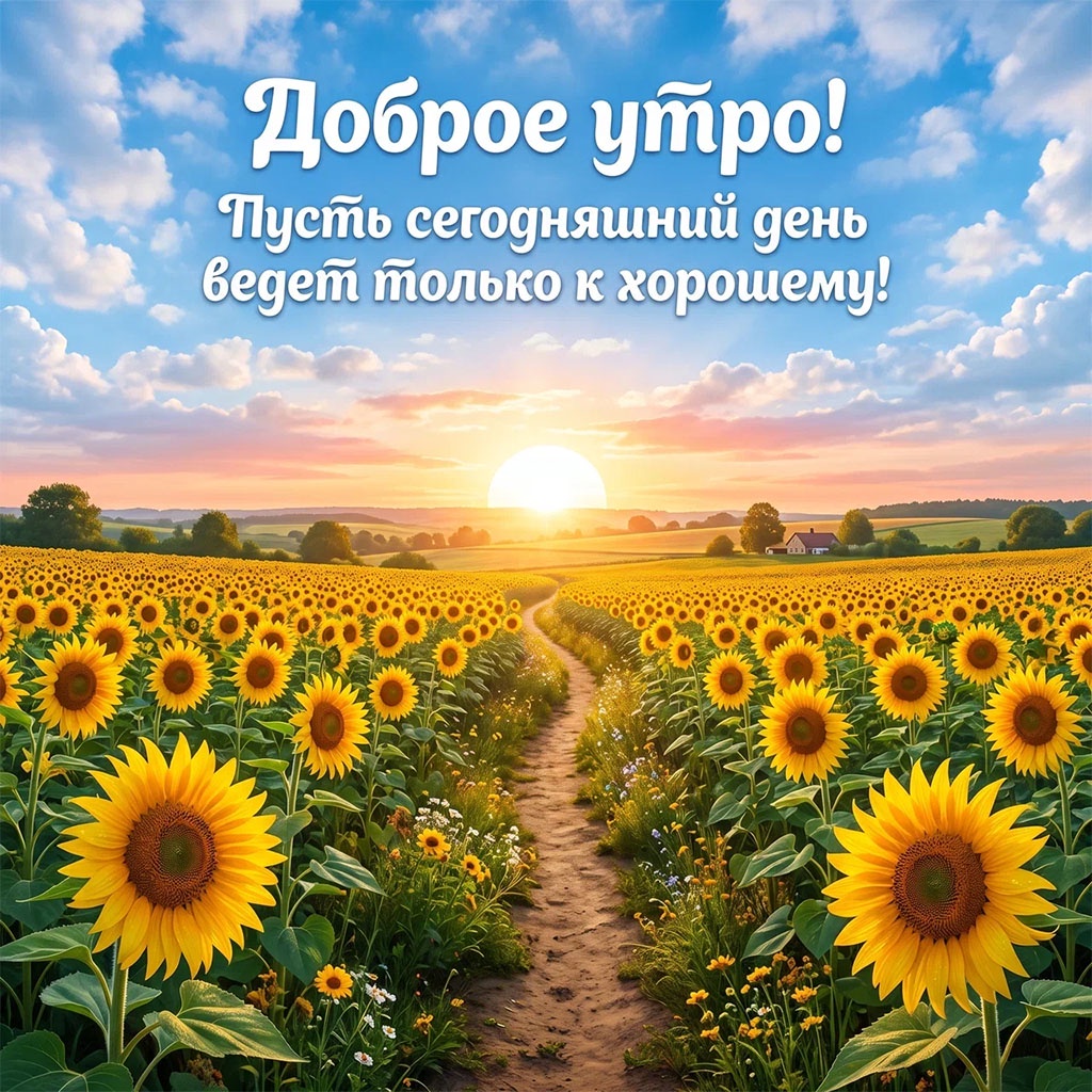 Открытка с тропинкой среди поля подсолнухов, домиком вдали и рассветом, с текстом: "Доброе утро! Пусть сегодняшний день ведет только к хорошему!"