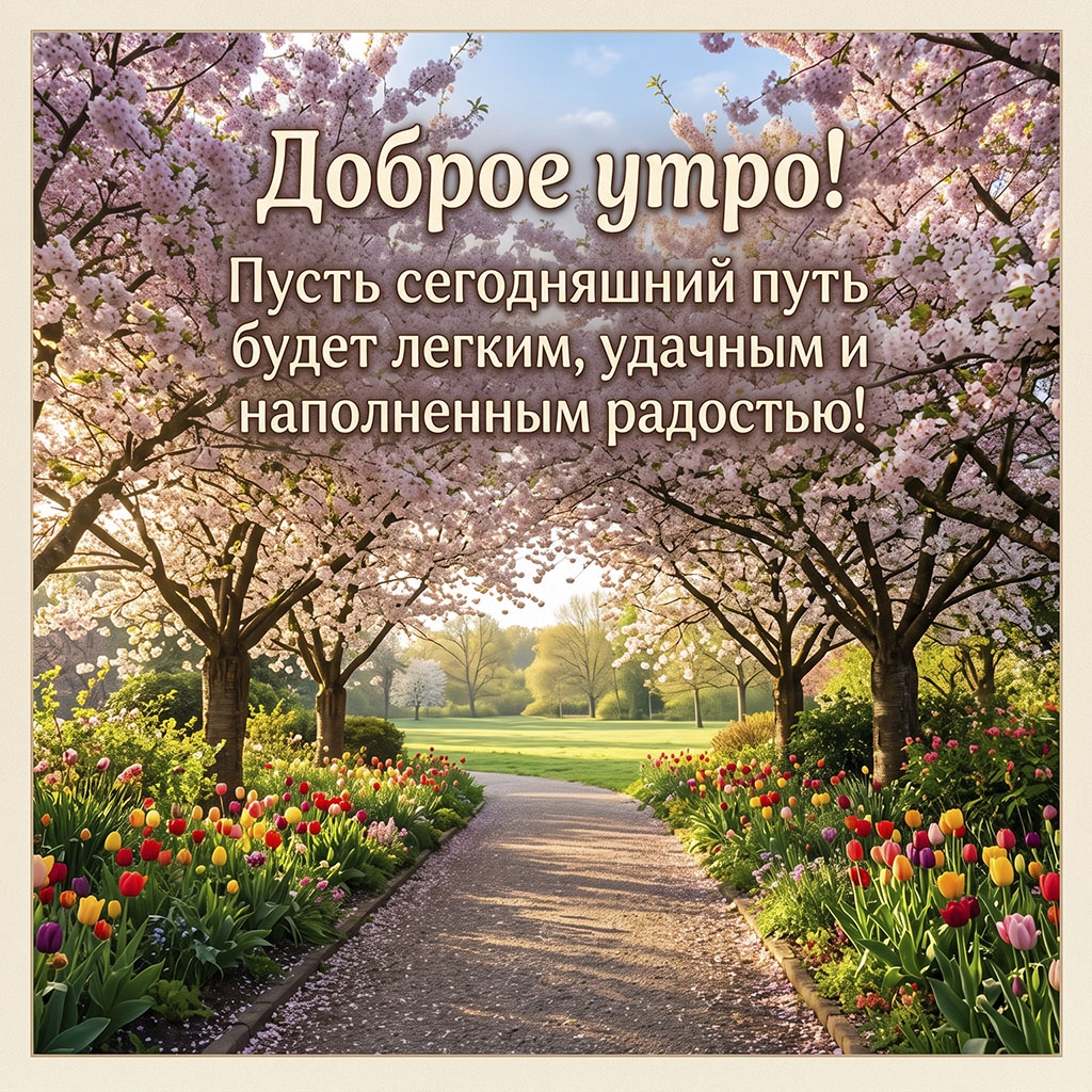 Открытка с аллеей цветущих деревьев, тюльпанами по краям дорожки и текстом: "Доброе утро! Пусть сегодняшний путь будет легким, удачным и наполненным радостью!"