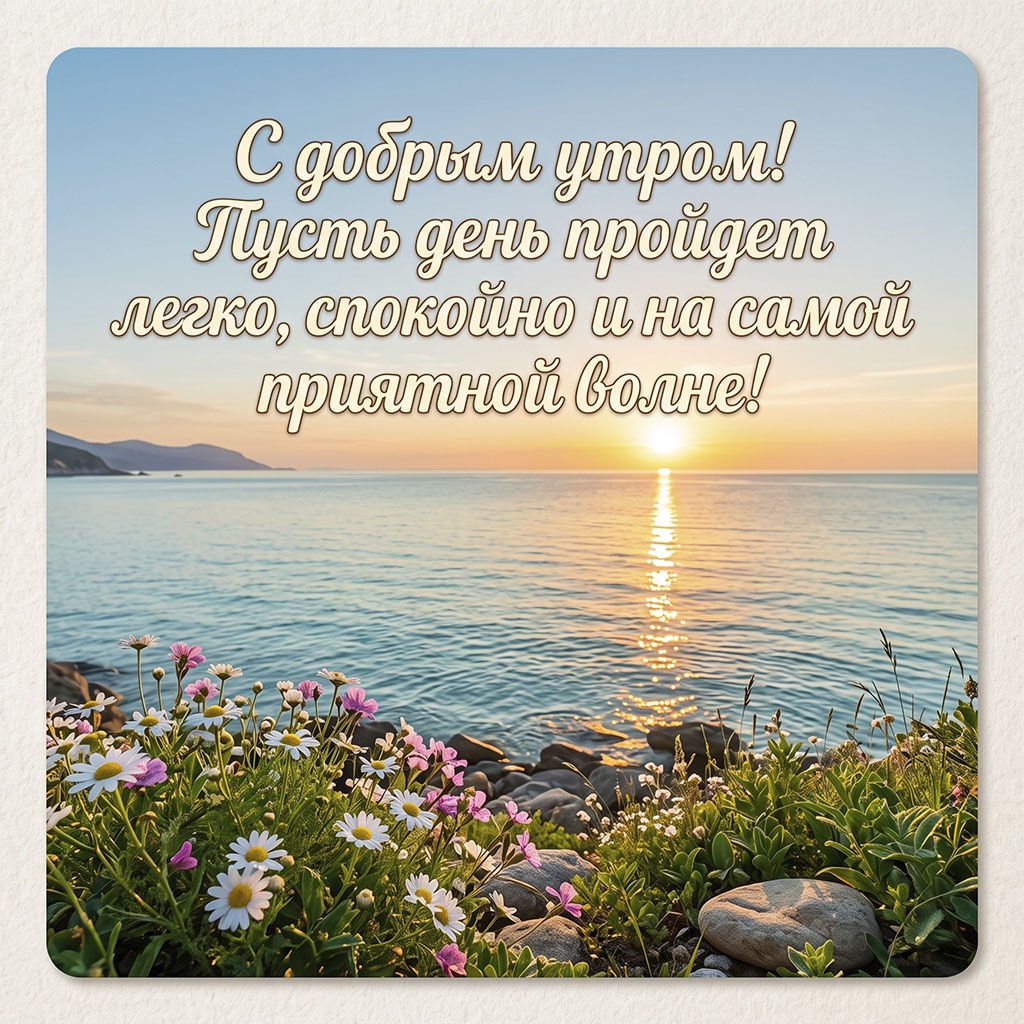 Открытка с цветами на каменистом берегу, морем, солнечной дорожкой и текстом: "С добрым утром! Пусть день пройдет легко, спокойно и на самой приятной волне!"