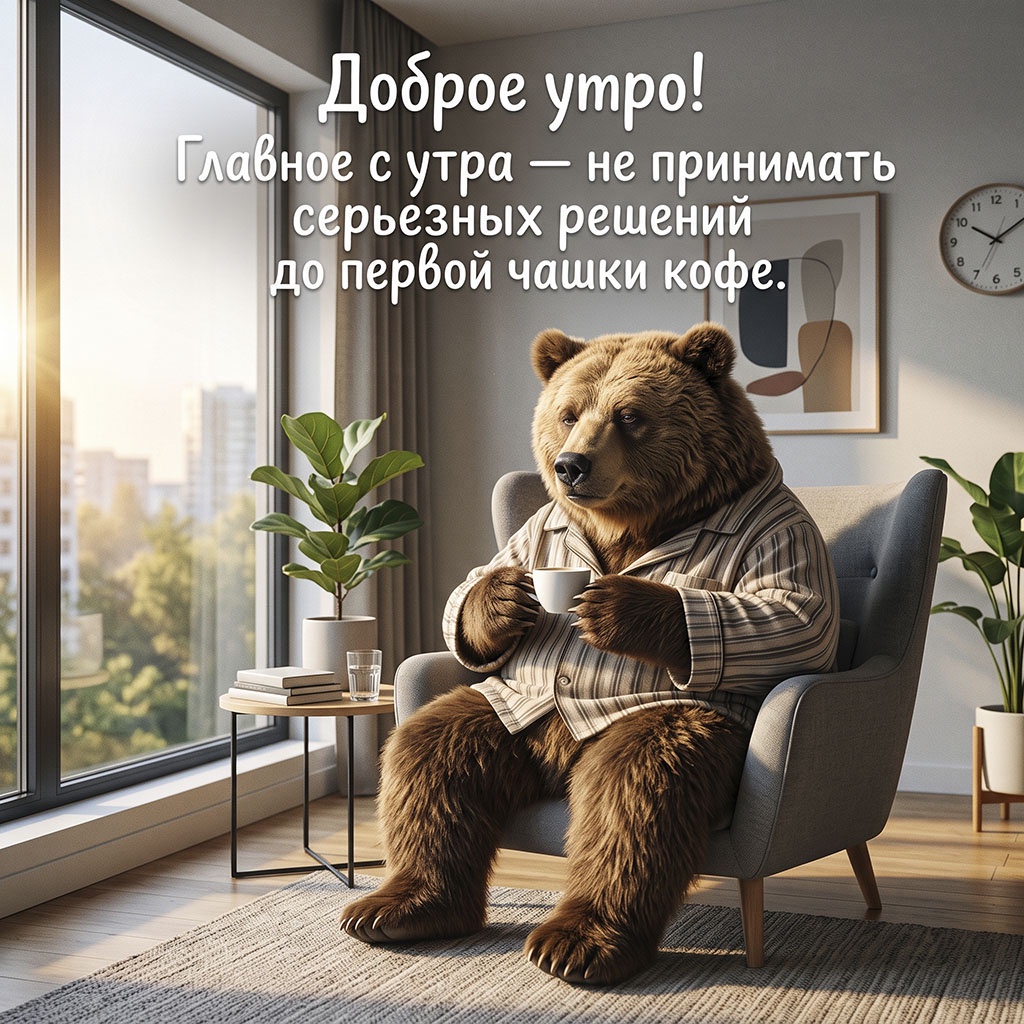 Открытка с медведем в полосатой пижаме в кресле с чашкой кофе и текстом: "Доброе утро! Главное с утра - не принимать серьезных решений до первой чашки кофе."