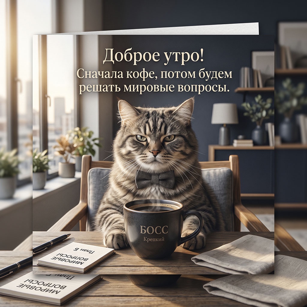 Открытка с котом в бабочке за столом с чашкой кофе и текстом: "Доброе утро! Сначала кофе, потом будем решать мировые вопросы."
