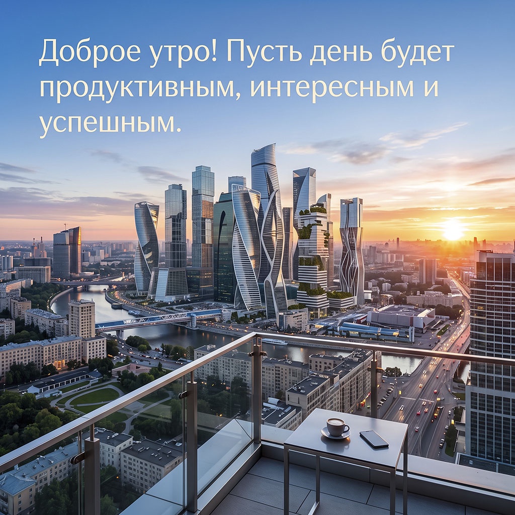 Открытка с панорамой футуристических небоскребов, рекой, рассветом, чашкой кофе и текстом: "Доброе утро! Пусть день будет продуктивным, интересным и успешным."
