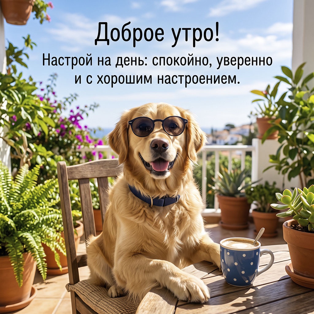 Открытка с золотистым ретривером в солнцезащитных очках на террасе с чашкой кофе и текстом: "Доброе утро! Настрой на день: спокойно, уверенно и с хорошим настроением."