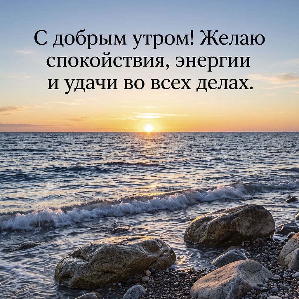 Открытка с морским берегом на рассвете, волнами, камнями и текстом: "С добрым утром! Желаю спокойствия, энергии и удачи во всех делах."