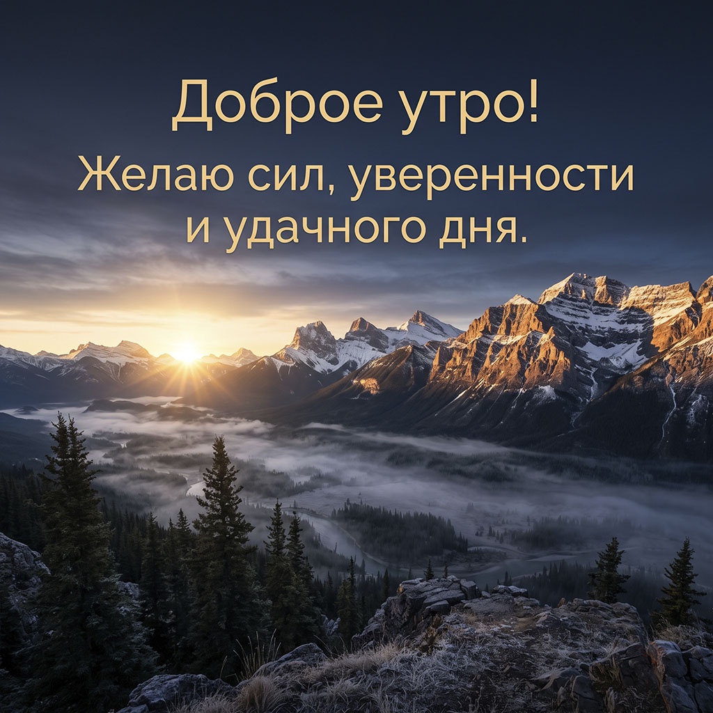 Открытка с заснеженными горами в лучах рассвета, туманом в долине и хвойным лесом, с текстом: "Доброе утро! Желаю сил, уверенности и удачного дня."