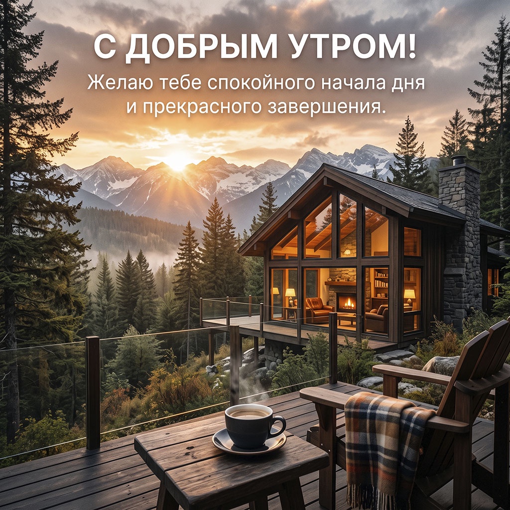 Открытка с чашкой кофе на террасе шале, креслом с пледом и видом на горы на рассвете, с текстом: "С добрым утром! Желаю тебе спокойного начала дня и прекрасного завершения."
