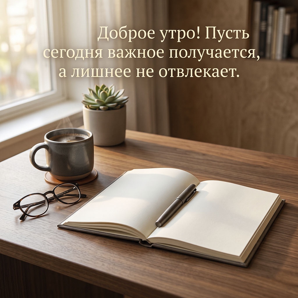 Открытка с раскрытым блокнотом, ручкой, очками и чашкой кофе на деревянном столе и текстом: "Доброе утро! Пусть сегодня важное получается, а лишнее не отвлекает."