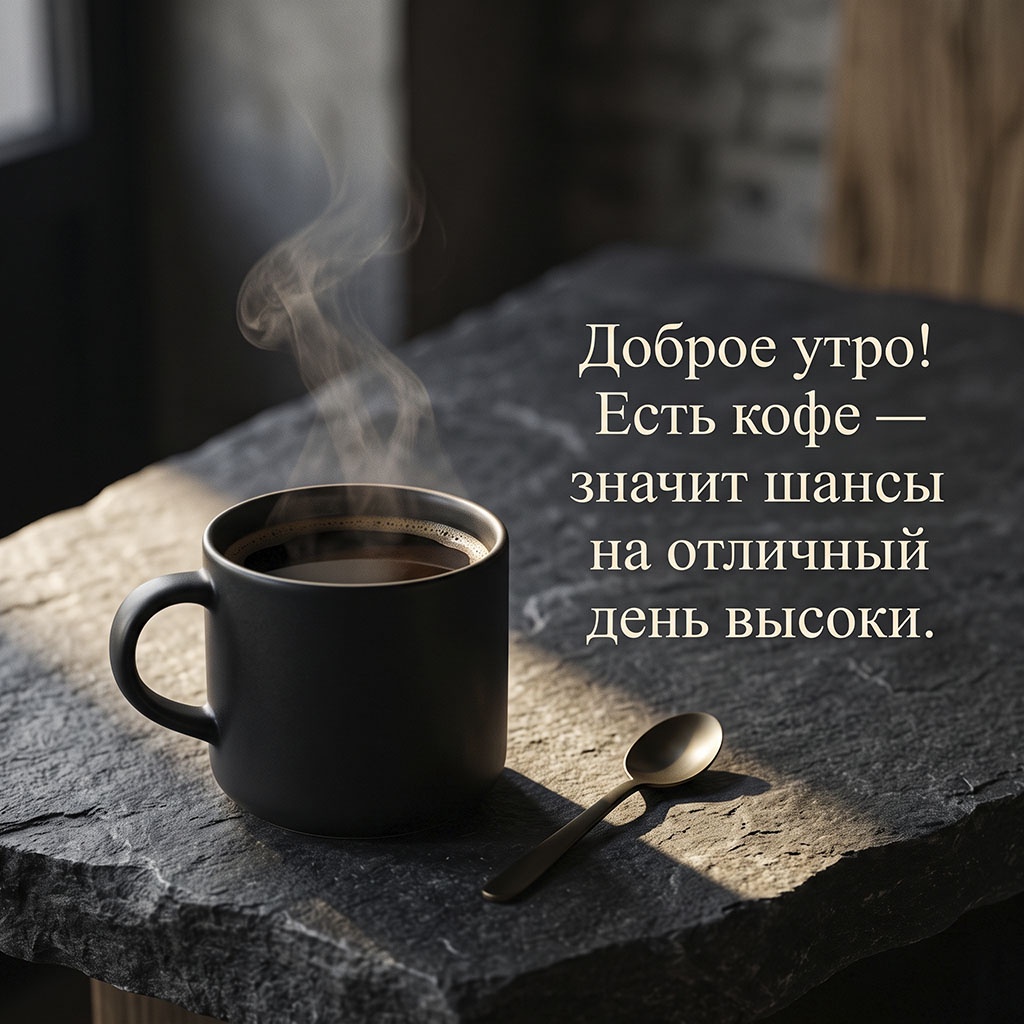 Открытка с дымящейся кружкой кофе и ложкой на необработанной каменной столешнице и текстом: "Доброе утро! Есть кофе - значит шансы на отличный день высоки."